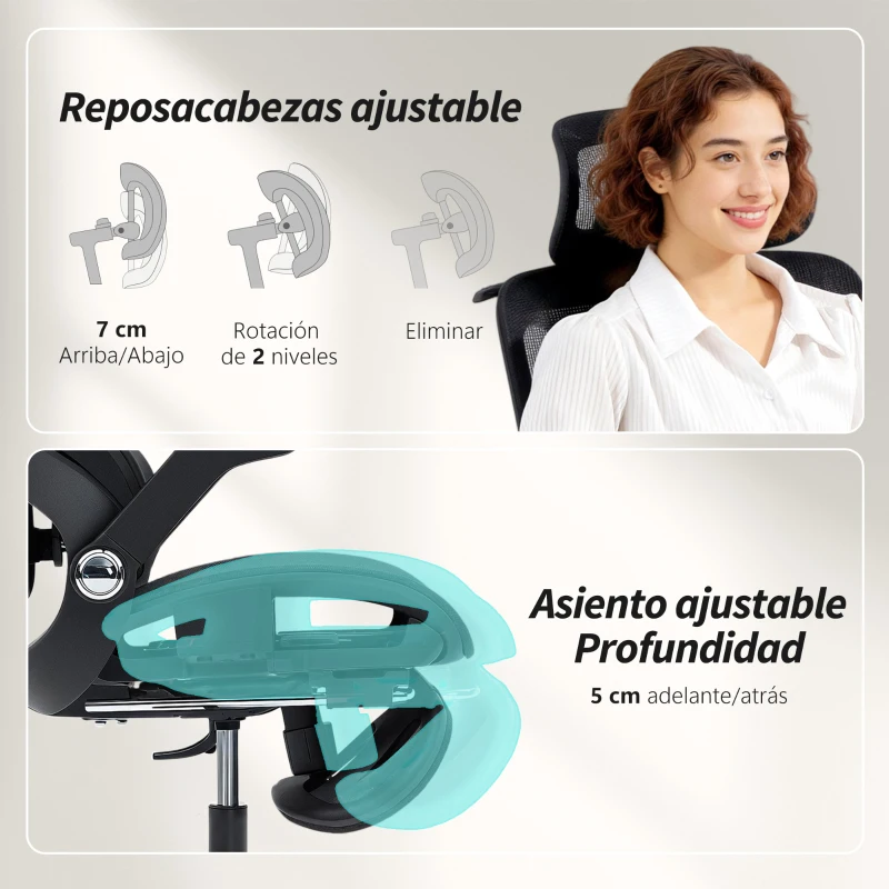 HOMCOM Silla de Escritorio de Malla con Reposapiés Respaldo Reclinable Soporte Lumbar Reposabrazos y Reposacabezas Ajustable