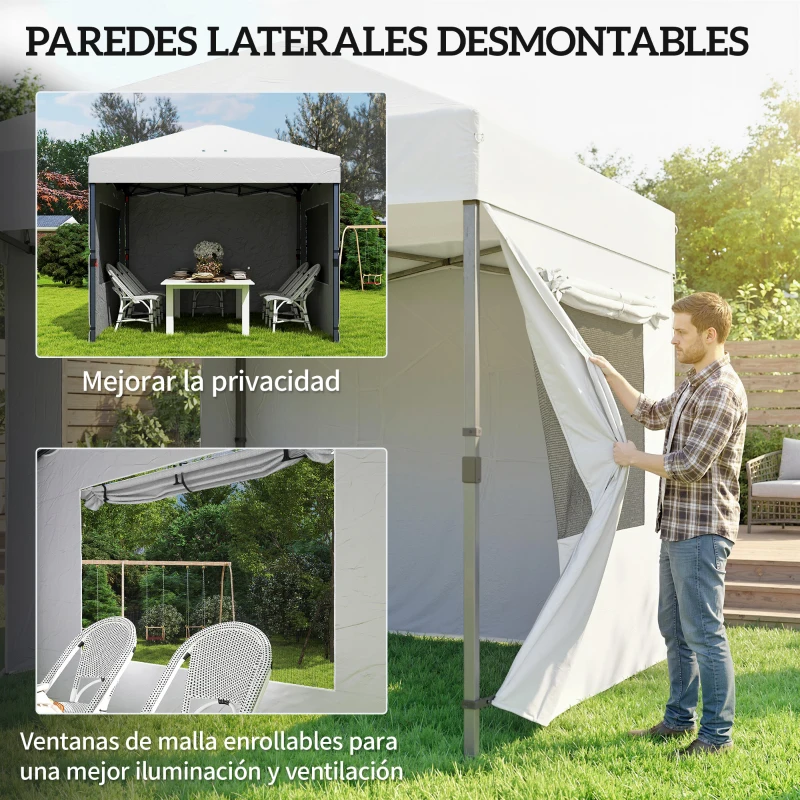 Outsunny Carpa Plegable Pop-up 3x3 m con 3 Paredes 2 Ventanas Altura Ajustable UPF50+ Bolsa Transporte y Sacos de Arena Blanco