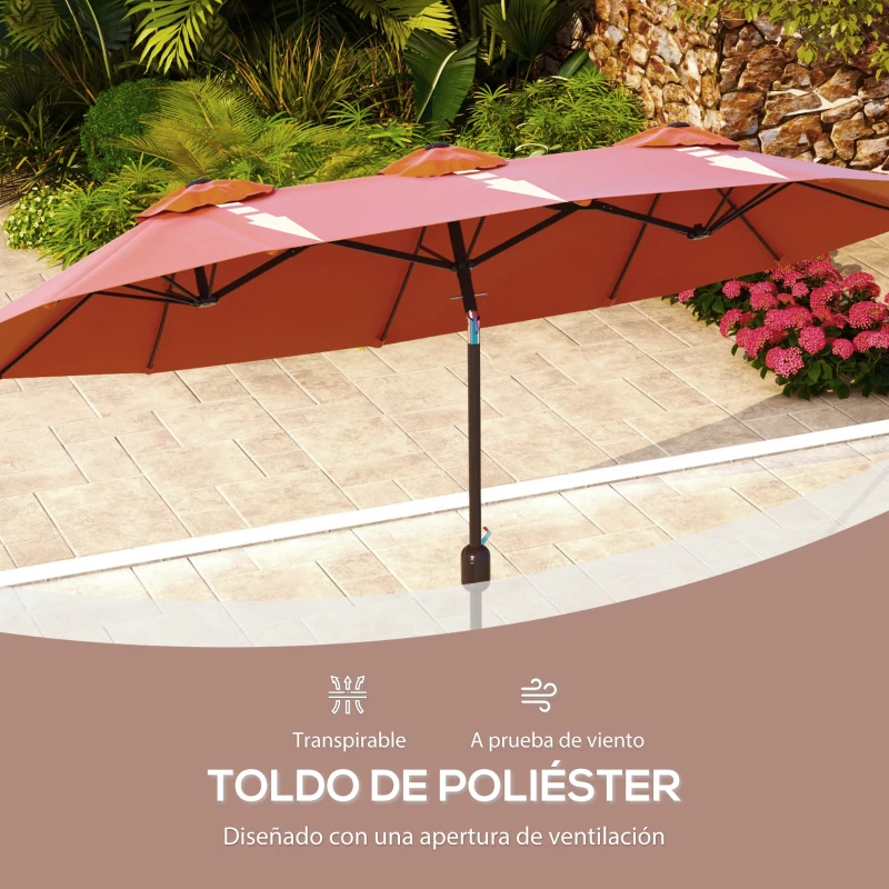 Outsunny Sombrilla Doble de Jardín 295x152x222 cm con Inclinación de 45° y Manivela Manual para Terraza Balcón Piscina Rojo