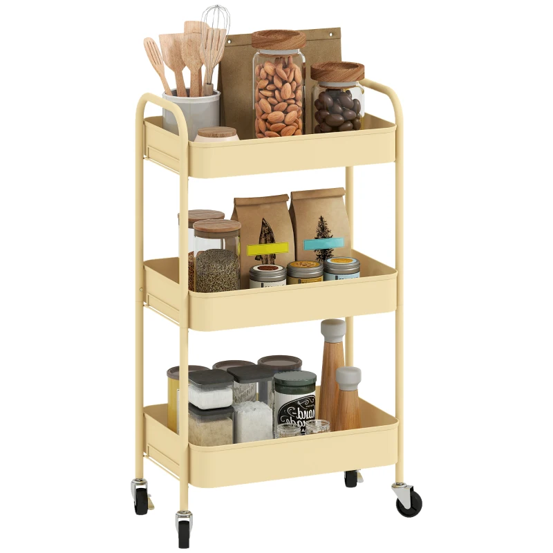 HOMCOM Carrito Auxiliar con Ruedas de 3 Niveles Carrito de Cocina con 3 Cestas y 2 Asas 45x30,6x79 cm Amarillo