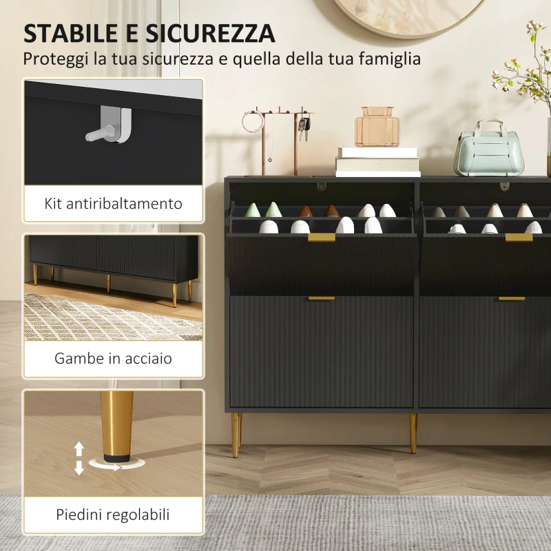 HOMCOM Scarpiera 20 paia con 4 sportelli ribaltabili, ante scanalate e ripiani regolabili, 105x24x91,5cm, nero