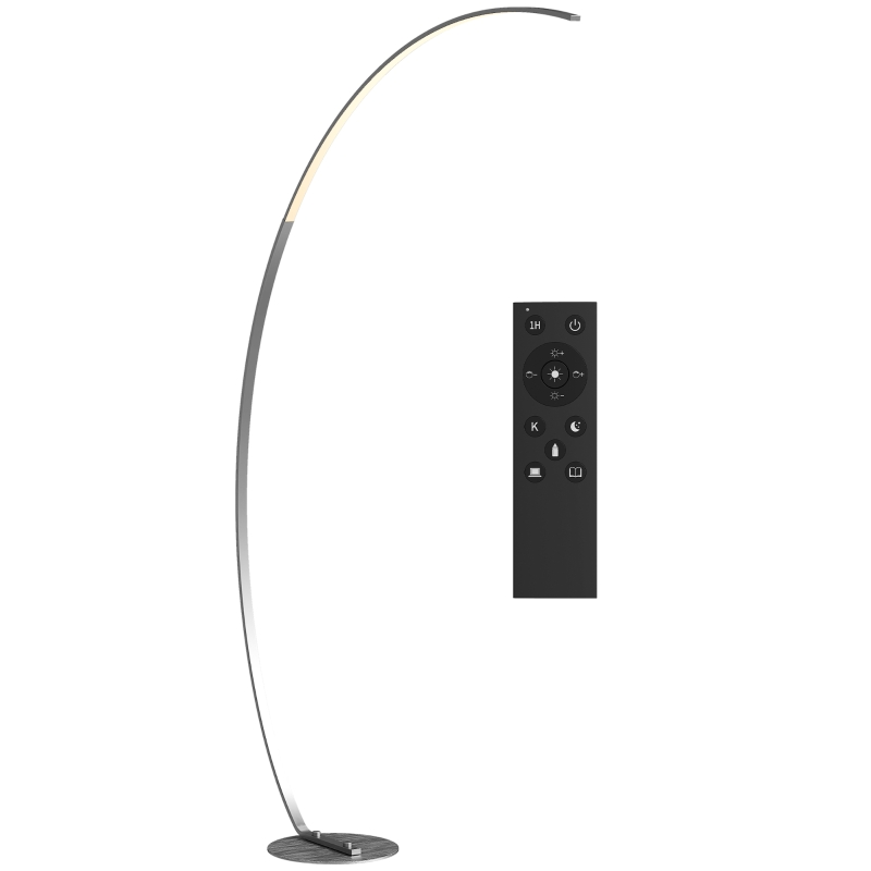HOMCOM Lámpara de Pie Forma Arco con Brillo y Temperaturas de Color Ajustables 3000K-6500K Mando a Distancia Magnético Plata