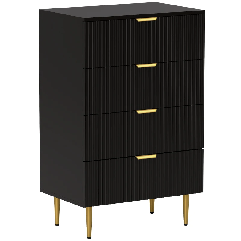 HOMCOM Kommode 4 Schubladen, Schlafzimmerkommode, modernes Aufbewahrungsmöbel mit Griffen und goldenen Füßen, Maße 60 x 40 x 96 cm, schwarz