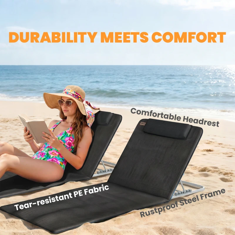 Outsunny Set of 2 Foldable Garden Beach Chair Mat Lightweight Outdoor Sun Lounger Seats Adjustable Back Metal Frame PE Fabric Head Pillow w/ Carry Bag, Black