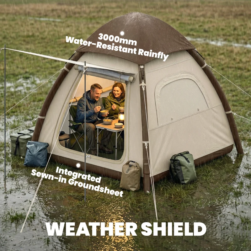 Outsunny Inflatable Camping Tent with Rainfly, 3 Man Air Tent 3000mm Waterproof Blow Up Tents, Cream