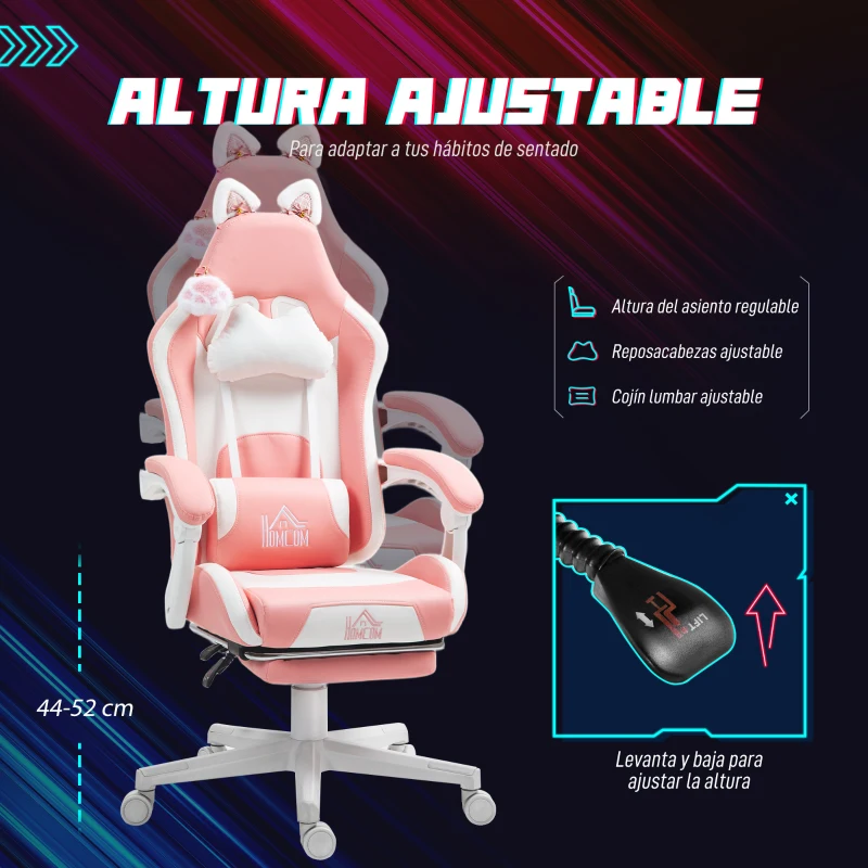 HOMCOM Silla Gamer Reclinable con Altura Ajustable Reposapiés Retráctil Soporte Lumbar y Reposacabezas Desmontable Rosa