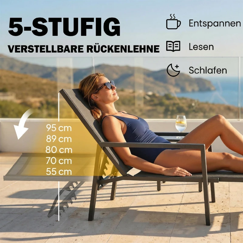 Outsunny Sonnenliege Klappbar tragbar Gartenliege mit ausziehbarer Fußstütze 5-fach Verstellbar Rückenlehne Atmungsaktiv