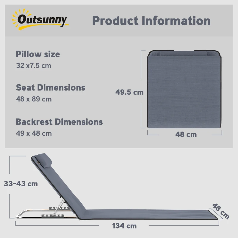 Outsunny Set of 2 Foldable Garden Beach Chair Mat - Lightweight Outdoor Sun Lounger Seats with Adjustable Back, Metal Frame, PE Fabric, Head Pillow, and Carry Bag, Grey