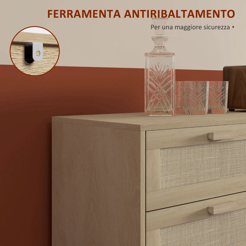 HOMCOM Cassettiera 6 Cassetti in Legno e Rattan Stile Boho per Soggiorno e Camera da Letto, 110x40x75 cm