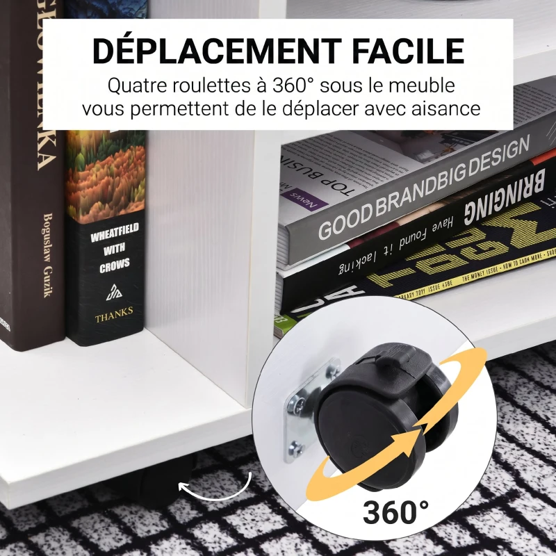 HOMCOM Meuble TV avec roulettes pivotantes, banc TV en bois avec étagères, support télé pour télévision jusqu'à 42 pouces, style contemporain pour salon chambre et bureau, 80 x 40 x 40 cm, blanc