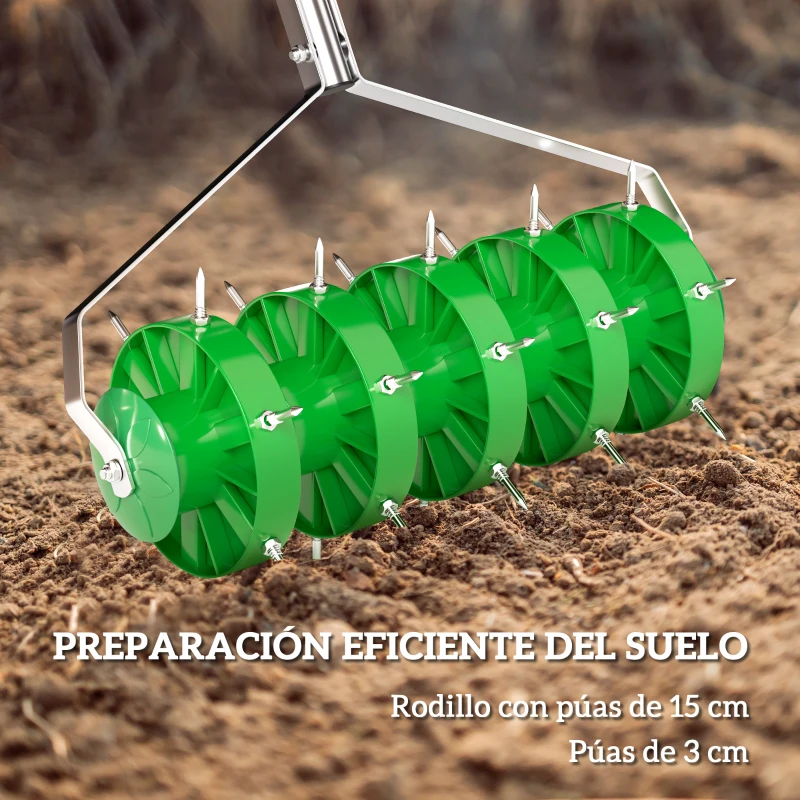 Outsunny Rodillo Aireador de Césped con Clavos y Mango Desmontable de 100 cm en Tres Piezas para Aflojar el Suelo 45 cm Ancho