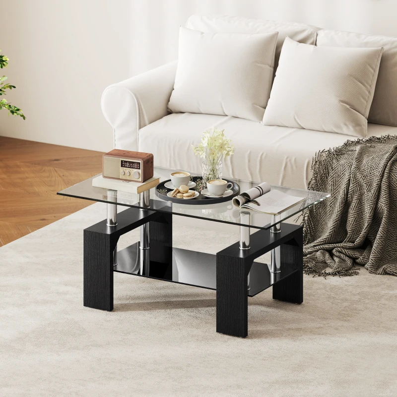HOMCOM Tavolino da Caffè Moderno a 2 Livelli in Legno e Acciaio con Piano in Vetro Temperato, 90x50x42 cm, Nero