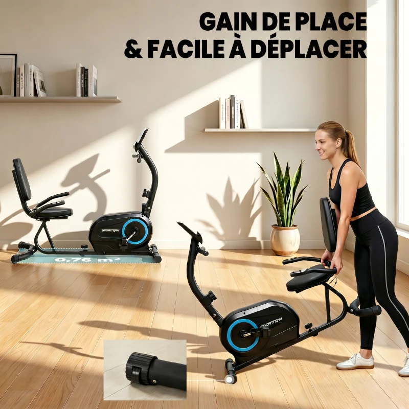 SPORTNOW Vélo d'Appartement Magnétique Vélo Couché Semi-allongé Silencieux Connecté Kinomap 8 Niveaux 136x56x106cm Bleu