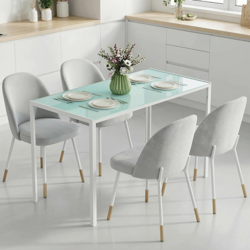 HOMCOM Mesa Sala de Jantar de Cristal Mesa Retangular para 4-6 pessoas com Pés de Metal Multifuncional para Cozinha 120x60x75cm Branco