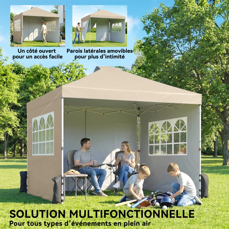 Outsunny Tonnelle de jardin pop up tente pliante hauteur réglable 3 parois latérales sacs de sable sac de transport 3 x 3 m crème