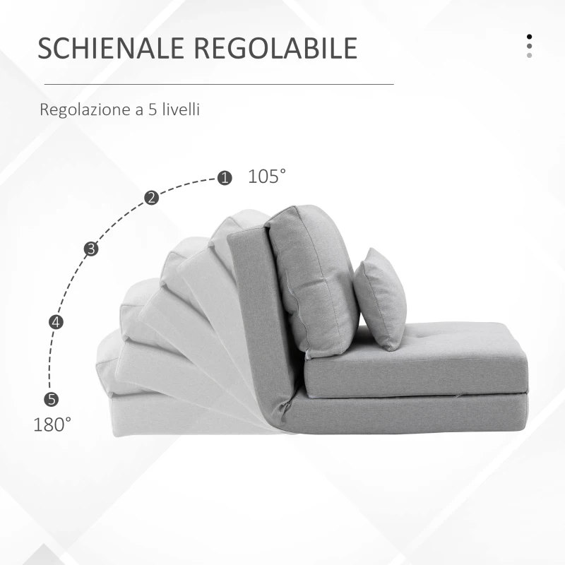 HOMCOM Poltrona Letto 3 in 1 Convertibile in Chaise Longue e Divano da Terra con 2 Cuscini, Grigio Chiaro
