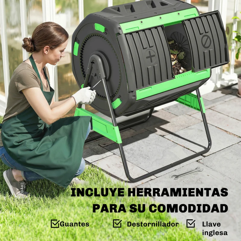 Outsunny Compostador Giratorio 200L con Sistema de Ventilación y Base de Metal para Compostaje de Residuos Orgánicos Verde