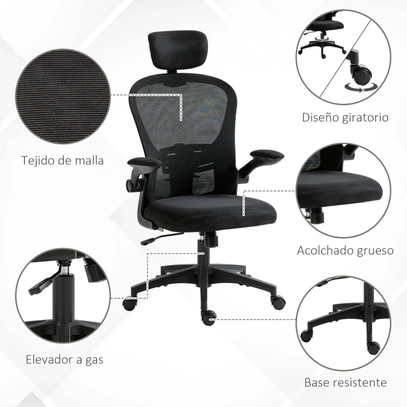 Vinsetto Silla de Oficina de Malla Silla de Escritorio Respaldo Alto Reposacabezas Ajustable Soporte Lumbar 4D 62x64x120 cm Negro