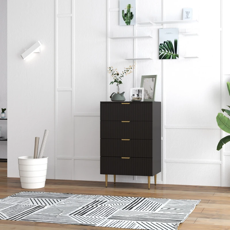 HOMCOM Kommode 4 Schubladen, Schlafzimmerkommode, modernes Aufbewahrungsmöbel mit Griffen und goldenen Füßen, Maße 60 x 40 x 96 cm, schwarz
