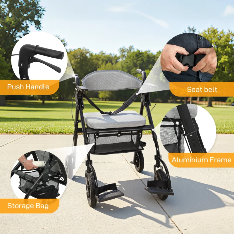 HOMCOM Rollator Walker Wheelchair, with Seat - Grey