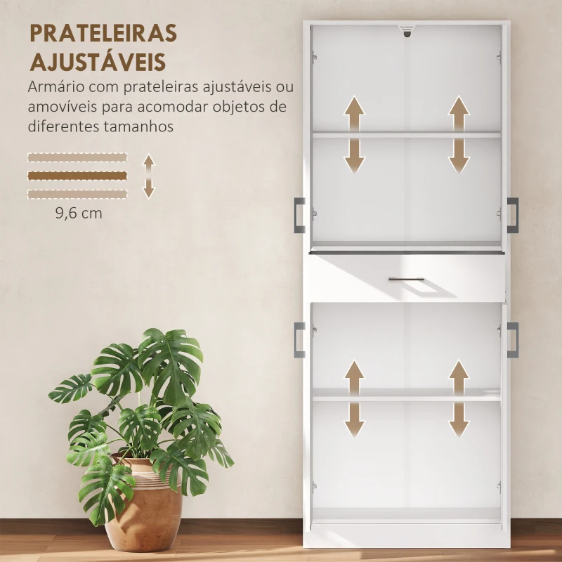 HOMCOM Armário de Cozinha com 4 Portas 1 Gaveta e Prateleiras Ajustáveis Anti-Tombo Armário de Cozinha Moderno 70,8x34x180 cm Branco
