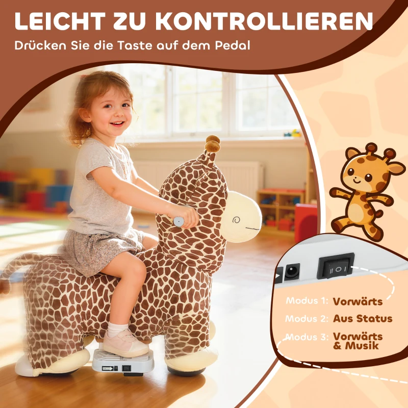AIYAPLAY Giraffe zum Reiten, fahrendes Reitpferd in Giraffenform, Batteriebetrieb, waschbarer Bezug, Pedale, leise Räder, Musik, 1,5-5 Jahre, Braun