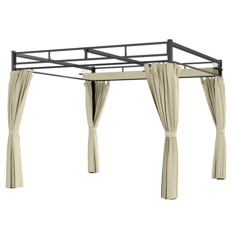 Outsunny Pérgola de Jardín 3x3 m con Techo Retráctil y Cortinas Protección UV30+ Estructura Metálica para Patio Terraza Beige