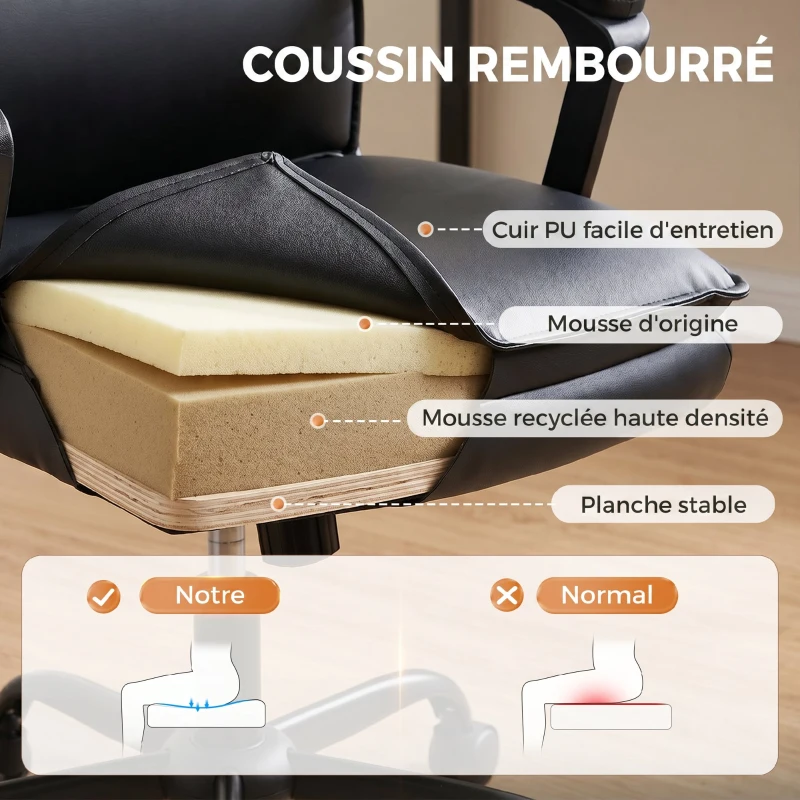 HOMCOM Chaise bureau ergonomique, fauteuil de bureau en PU, hauteur réglable, fonction bascule, pivotante 360°, noir