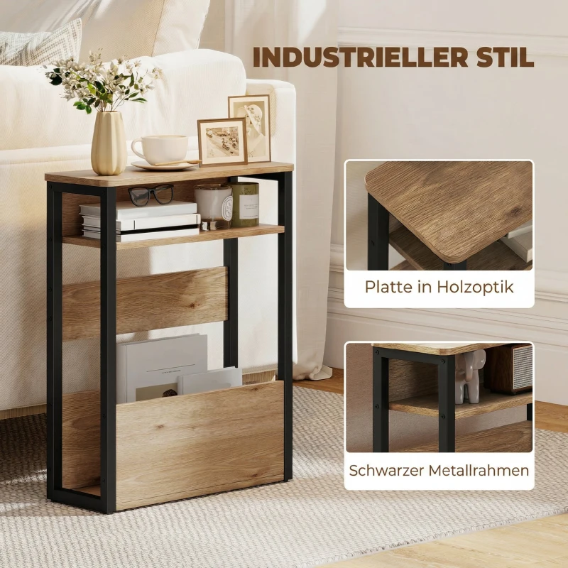 HOMCOM Mesa de apoio mesa de cabeceira com prateleira de dois níveis cantos arredondados 46l x 18P x 58,5H cm nogueira