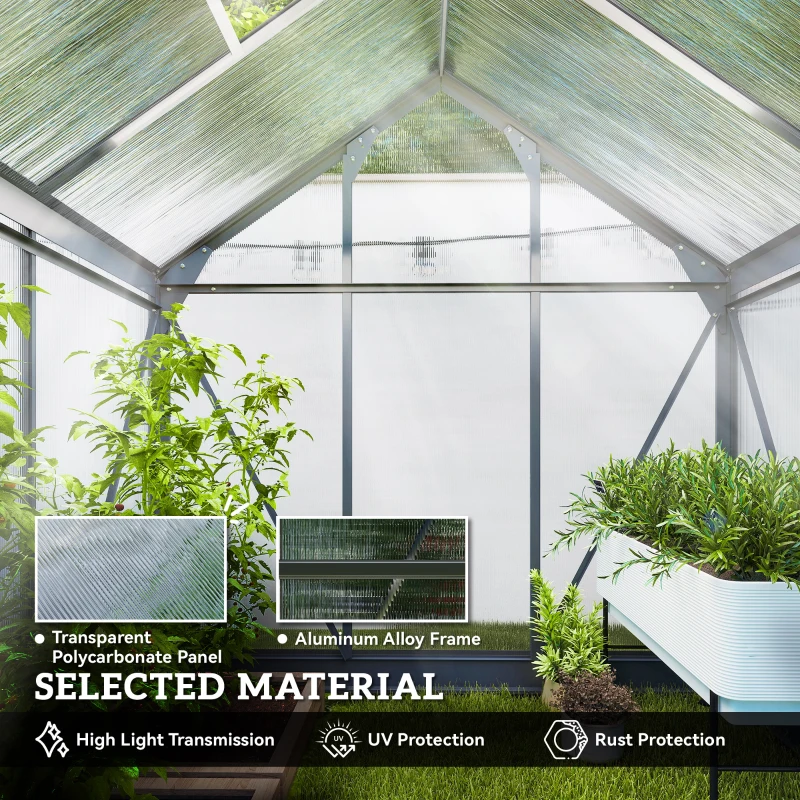 Outsunny 6 x 4ft Polycarbonate Greenhouse - Large Walk-In Green House with Sliding Door and Window, Garden Plants Growth House with Aluminium Frame and Foundation, Grey(m-5)