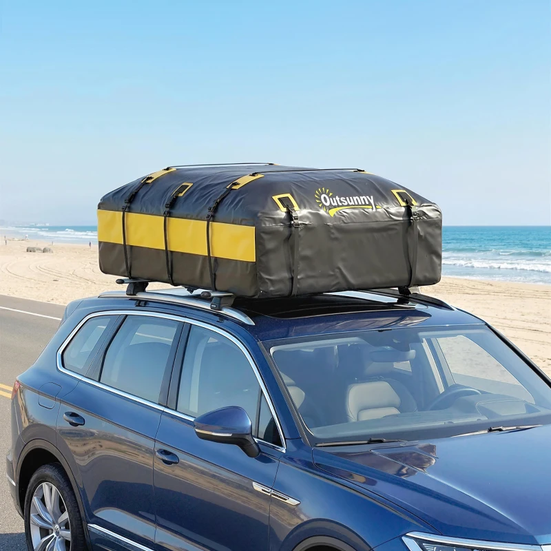 Outsunny Bolsa de Teto para Carro 594 L Impermeável com 6 Correias Tapete Antiderrapante e Ganchos para Veículos Preto e Amarelo