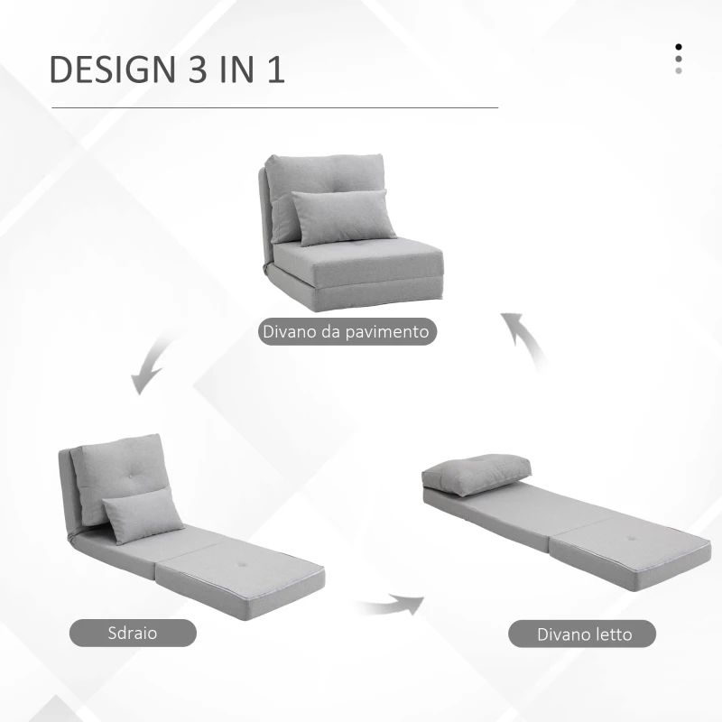 HOMCOM Poltrona Letto 3 in 1 Convertibile in Chaise Longue e Divano da Terra con 2 Cuscini, Grigio Chiaro