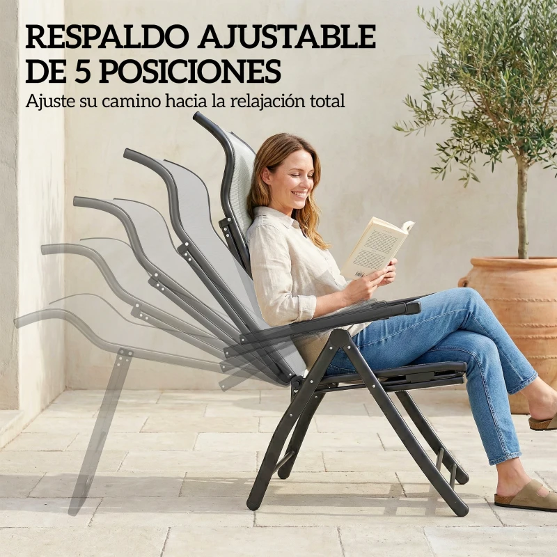 Outsunny Pack de 2 Sillas Plegables Reclinables de Jardín Exterior con Respaldo Alto Ajustable en 5 Posiciones Reposapiés Gris