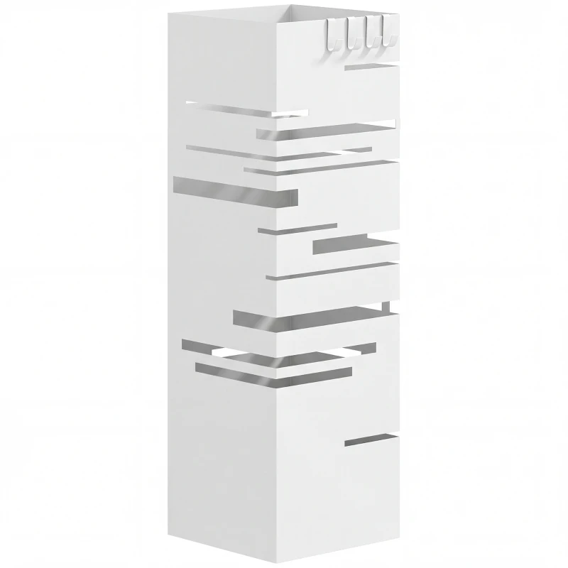 HOMCOM Paragüero Metálico con 4 Ganchos y Bandeja de Goteo Extraíble para Entrada Oficina 15,5x15,5x49 cm Blanco
