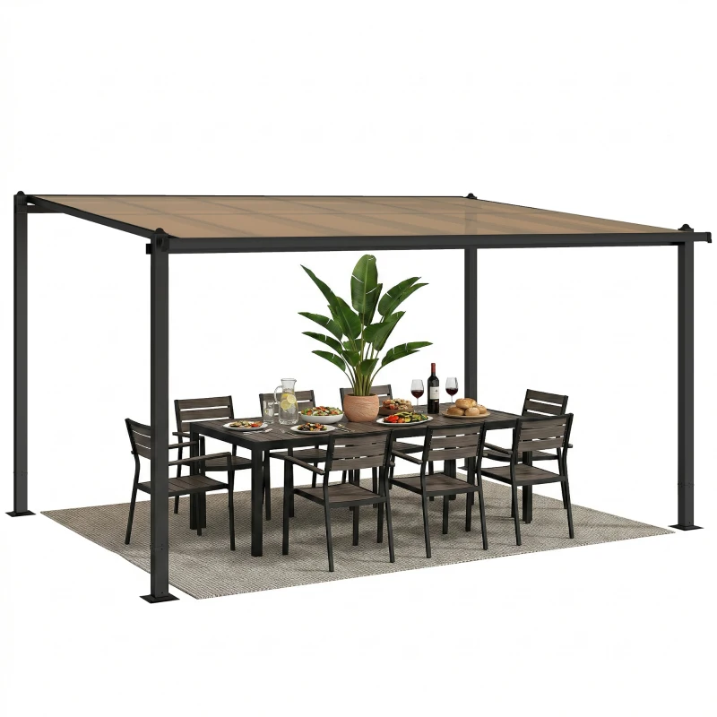 Outsunny Pergola adossée 3,8 x 3 m avec toit en polycarbonate, structure rigide en aluminium avec gouttières intégrées, gris foncé