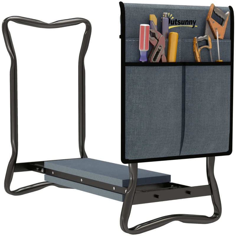 Outsunny Taburete de Jardín Plegable con Almohadilla de Espuma EVA Asiento de Jardín 2 en 1 con Bolsa para Herramientas