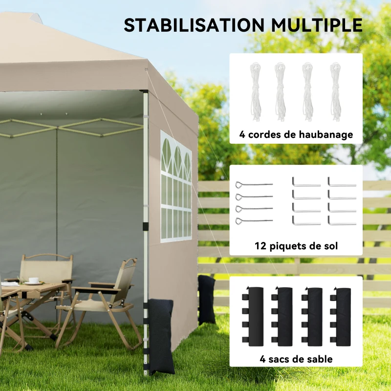 Outsunny Tonnelle de jardin pop up tente pliante hauteur réglable 3 parois latérales sacs de sable sac de transport 3 x 3 m crème