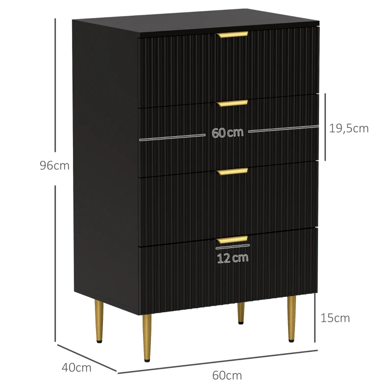 HOMCOM Kommode 4 Schubladen, Schlafzimmerkommode, modernes Aufbewahrungsmöbel mit Griffen und goldenen Füßen, Maße 60 x 40 x 96 cm, schwarz