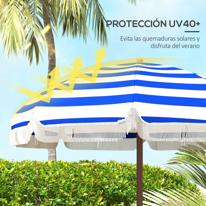 Outsunny Sombrilla de Playa con Flecos Ø190x210 cm con Protección UV40+ Antiviento Impermeable Bolsa de Transporte Azul y Blanco