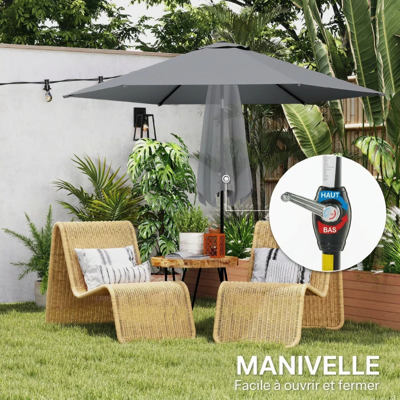 Outsunny Parasol de Jardin Extérieur Rond 2m, Inclinable à 30°, Manivelle, Mât en Aluminium, Toile 180 g/m², Anti-UV, Gris Foncé