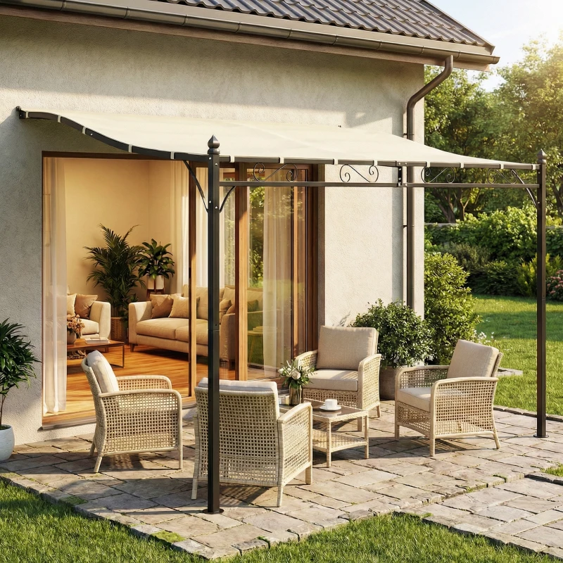 Outsunny Pérgola de Parede 2,5x3,5 m com Teto Inclinado Orifícios de Drenagem e Estrutura Metálica Creme