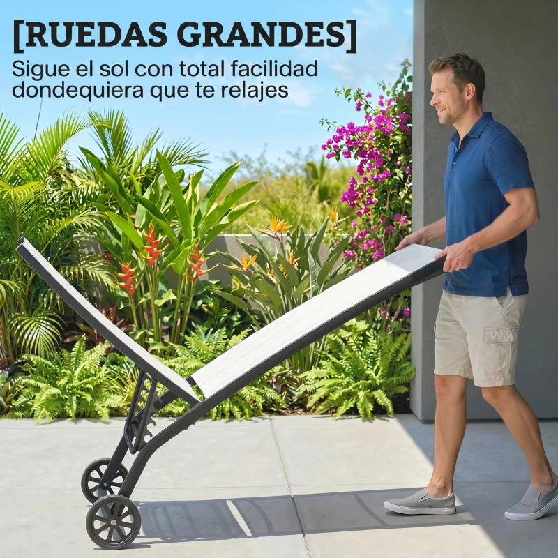 Outsunny Juego de 2 Tumbonas Reclinables de Jardín de Aluminio con Respaldo Ajustable y Ruedas 165x66x102 cm Blanco Mate