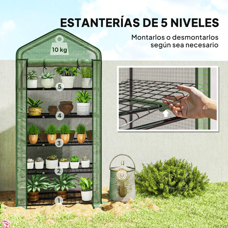 Outsunny Invernadero Resistente de 5 Niveles con 1 Puerta con Cremallera Anti-UV Diseño Ensanchado y Estantes 90x49x193 cm Verde