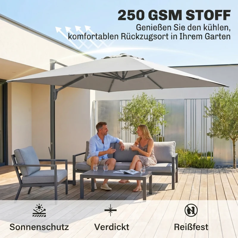 Outsunny Alu Ampelschirm 3 x 3 m 360° drehbar Sonnenschirm mit Kurbel Ständer Windschutz Hellgrau