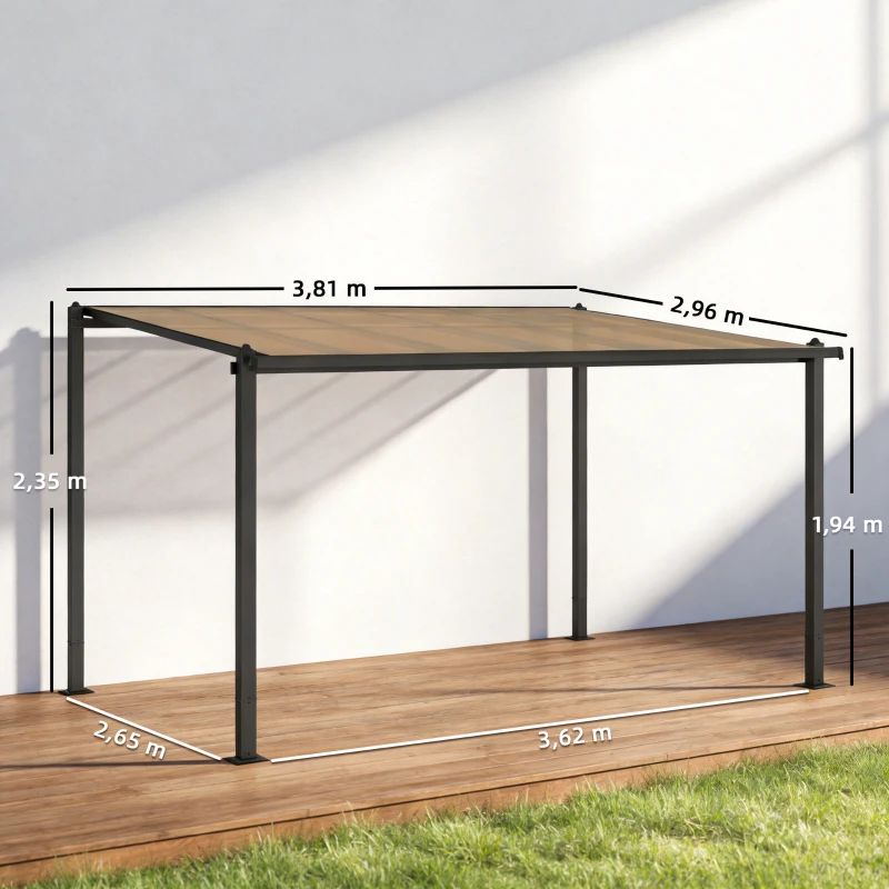 Outsunny Pergola adossée 3,8 x 3 m avec toit en polycarbonate, structure rigide en aluminium avec gouttières intégrées, gris foncé