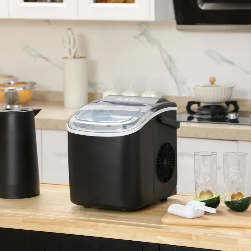 HOMCOM Machine à glaçons, 12kg en 24h, 9 glaçons en 6-12 minutes, ice maker avec poignée, panier et pelle, 22,2x29,4x29cm, noir