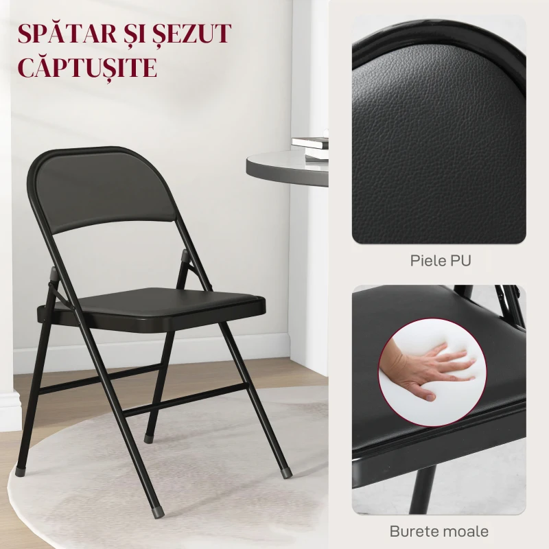 HOMCOM Set de 2 Scaune Pliabile Metalice, Tapițate cu Piele Ecologică PU, pentru Interior, cu Șezut Confortabil și Spătar Deschis