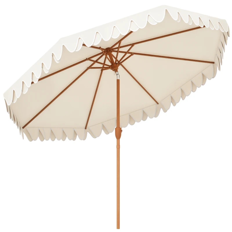 Outsunny Sombrilla de Jardín Ø264x240 cm con Ángulo Ajustable Manivela y Toldo con Volantes Decorativos para Patio Terraza Crema