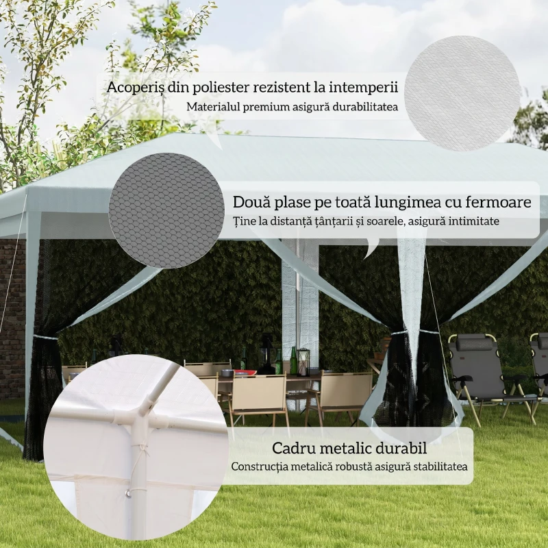Outsunny Pavilion de Grădină pentru Petreceri cu 6 Pereți Detasabili cu Plase de Țânțari, 582x295x255cm, Alb