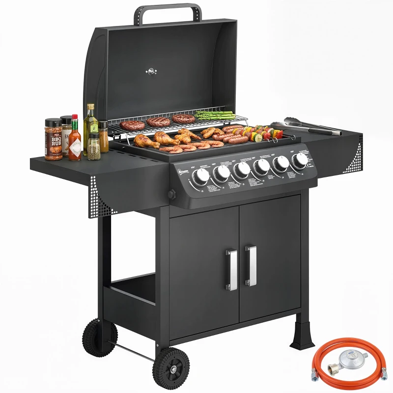Outsunny Barbacoa de Gas con 6 Quemadores 15 kW Termómetro Parrilla Mesas Laterales Armario y Ruedas 135x51x101 cm Negro